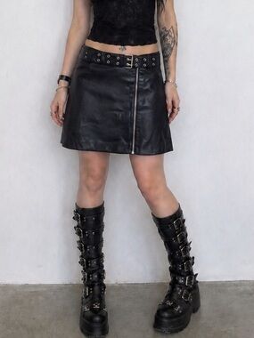 Vegan Leather Black Zip Front Mini Skirt with Eyelet Belt